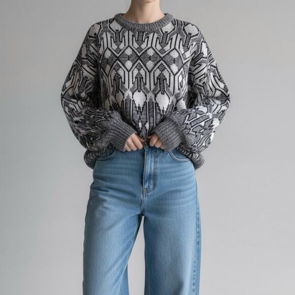 90s Coogi Style Pullover Sweater Art To Wear Geometric Monochrome Crewneck Sz M - Picture 3 of 9